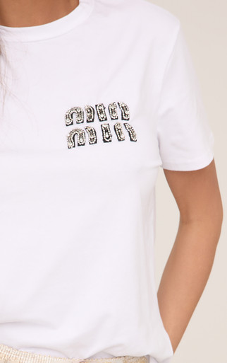 Short Sleeve Sequin Logo Boyfriend Fitted T-Shirt In White | EGO