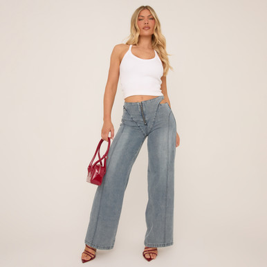 Mid Rise Cut Out Side Zip Detail Wide Leg Jeans In Blue