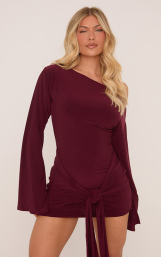 Long Flared Sleeve Drape Detail Mini Bodycon Dress In Burgundy Slinky, Women's Size US 6 - EGO