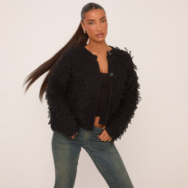 type cardigan”羊革“ 黒“ 短丈“bomber jacket Cropped Cardigan In Black Textured Knit | EGO US | EGO