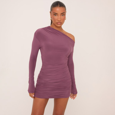 purple sheer chiffon ruched detail asymmetric drape bodycon dress Purple PrettyLittleThing Sheer Chiffon Ruched Detail Asymmetric Drape Bodycon Dress