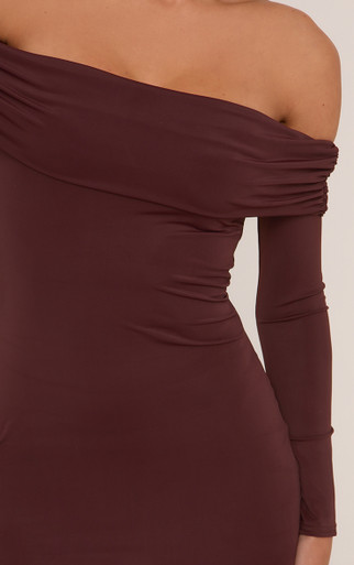 chocolate brown ribbed bardot balloon sleeve ruched bodycon dress Women's Chocolate Brown Ruched Long Sleeve Bodycon Dress