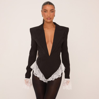 オールインワン・サロペット Plunge Neck Shoulder Pad Lace Trim Micro MiniBlazer Playsuit 7-11-24-Ming-
