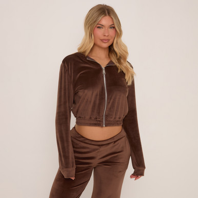 Zip Through Cropped Hoodie In Brown Velour | EGO Shoes