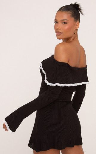 Bardot Lace Trim Flippy Hem Mini Dress In Black Knit | EGO US | EGO