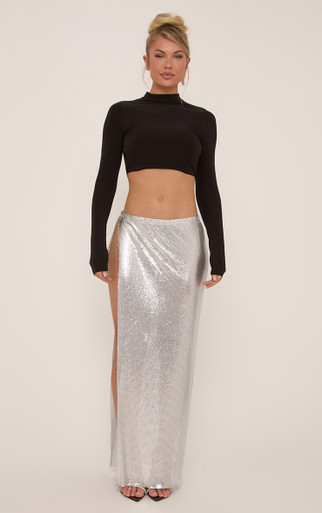 その他 Emily Low Rise Side Split Maxi Skirt In Silver Chainmail | EGO Shoes