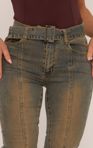 Mid Rise Eyelet Belt Detail Flared Jeans In Vintage Wash Blue