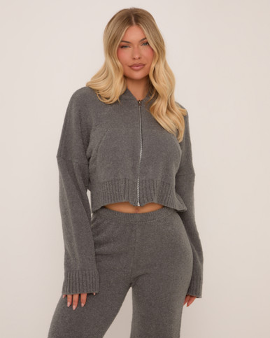 Zip Through Cropped Hoodie In Grey Knit | EGO UK | EGO