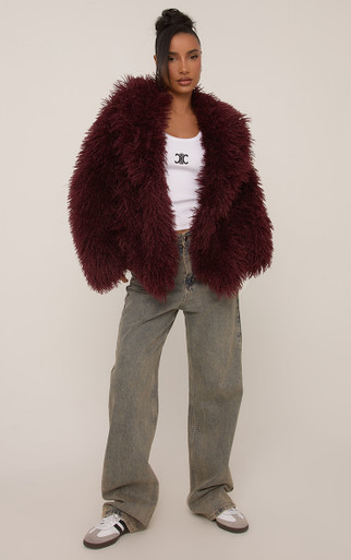 Oversized Collar Shaggy Coat In Burgundy Faux Fur | EGO US | EGO