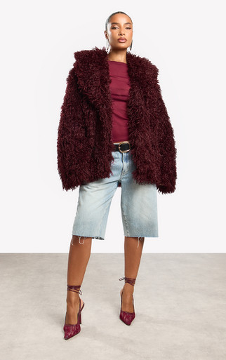Oversized Collar Shaggy Coat In Burgundy Faux Fur | EGO US | EGO