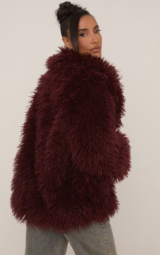 Oversized Collar Shaggy Coat In Burgundy Faux Fur | EGO US | EGO