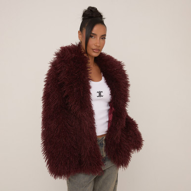 Oversized Collar Shaggy Coat In Burgundy Faux Fur | EGO US | EGO