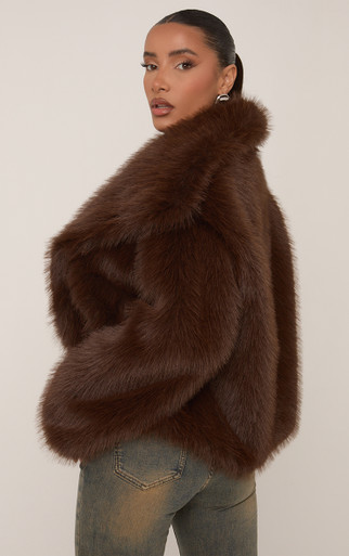 Oversized Collared Cropped Jacket In Chocolate Brown Faux Fur