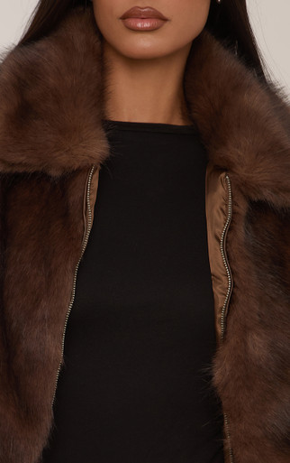 Collared Zip Through Jacket In Chocolate Brown Faux Fur | EGO US | EGO