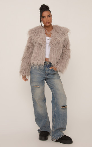 aere shaggy jacket coat グレー Vintage Faux Fur Bomber Jacket: 70s-80s Vegan Union Made USA