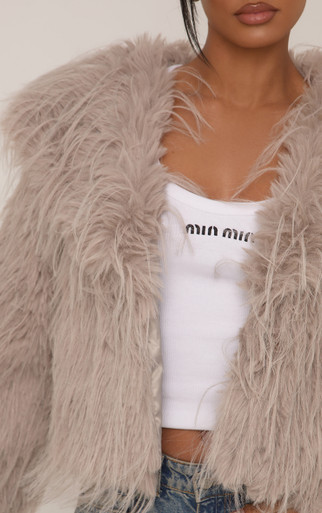 Collared Cropped Jacket In Grey Shaggy Faux Fur | EGO US | EGO