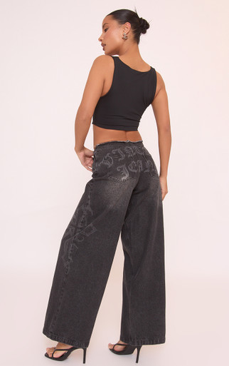 Low Rise Frayed Edge Side Slogan Wide Leg Jeans In Black