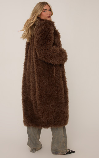 Maxi Length Coat In Brown Shaggy Faux Fur | EGO US | EGO