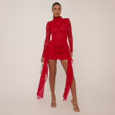 Long Sleeve High Neck Drape Detail Mini Dress In Red Lace | EGO US | EGO