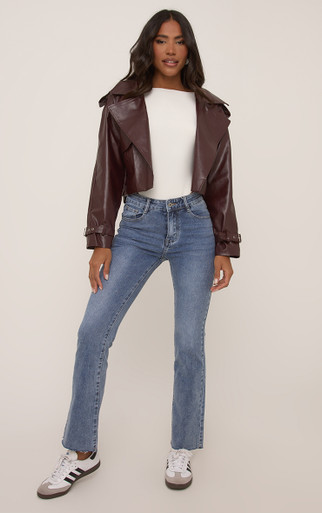 Cropped Biker Jacket In Burgundy Faux Leather | EGO UK | EGO