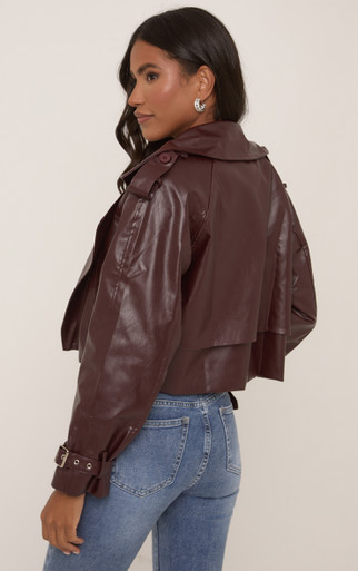Cropped Biker Jacket In Burgundy Faux Leather | EGO UK | EGO