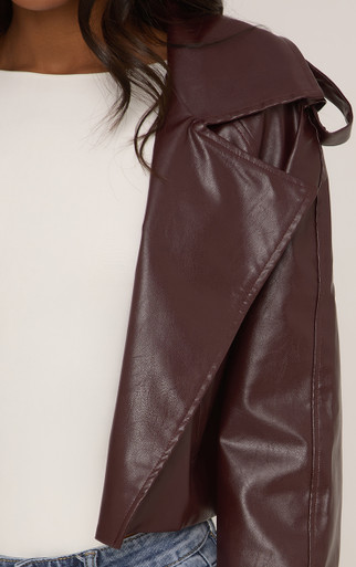 Cropped Biker Jacket In Burgundy Faux Leather | EGO UK | EGO