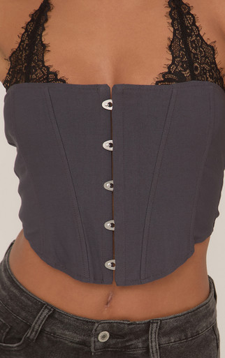 Lace Halterneck Hood And Eye Front Corset Top In Grey | EGO US | EGO