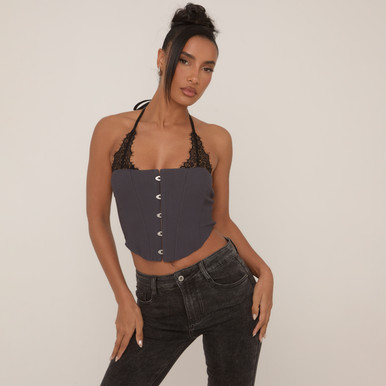 Lace Halterneck Hood And Eye Front Corset Top In Grey | EGO US | EGO