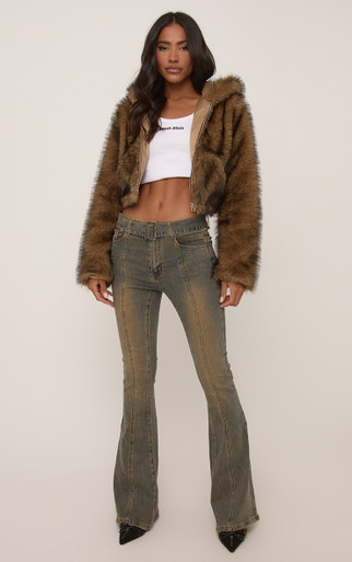 Long Sleeve Zip Front Hooded Jacket In Brown Faux Fur | EGO US | EGO