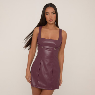 Square Neck A-Line Mini Dress In Purple Faux Leather | EGO US | EGO