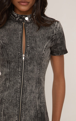 Short Sleeve Zip Front Mini Dress In Black Washed Denim | EGO US | EGO