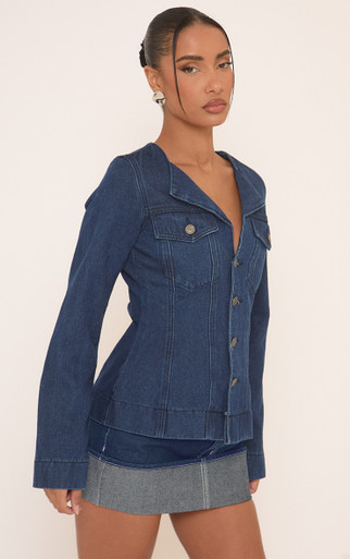その他 Jackie Long Sleeve Button Front Cinched Waist Jacket In Blue Denim