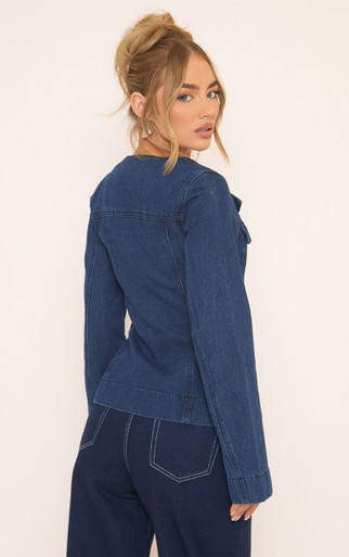 Long Sleeve Button Front Cinched Waist Jacket In Blue Denim