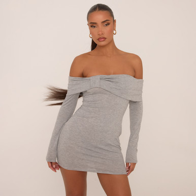 grey knot dress Thats So Fetch | Aaliyah Off Shoulder Knit Mini Dress | Grey main image 0
