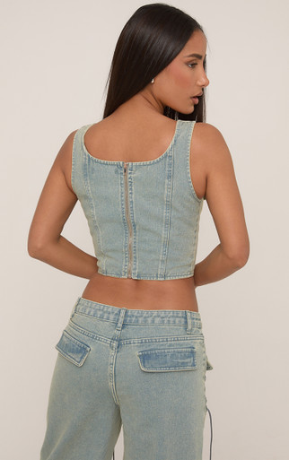Sleeveless Lace Up Front Crop Top In Light Blue Vintage Wash Denim