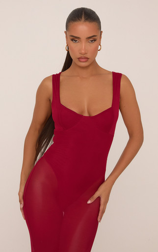 Scoop Neck Bodysuit Insert Maxi Dress In Burgundy Mesh | EGO