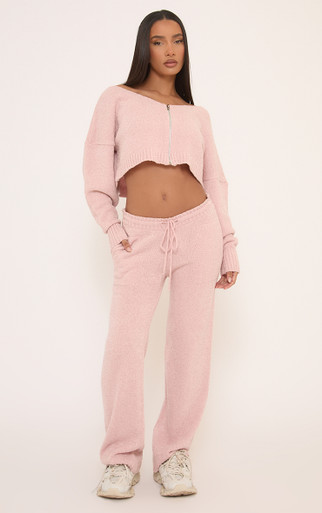 Long Sleeve Zip Up Off The Shoulder Cropped Jacket In Pink Fluffy