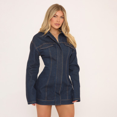 Long Sleeve Cinch Waist Mini Dress in Dark Blue Denim, Women's Size US 0 - Ego