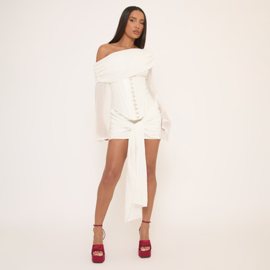 Long Sleeve Asymmetric Corset Draped Front Mini Dress In White | EGO US |  EGO