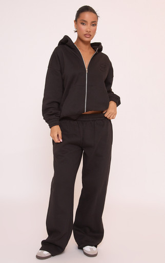 Long Sleeve Embroidered 'E' Detail Zip Up Front Hoodie In Black