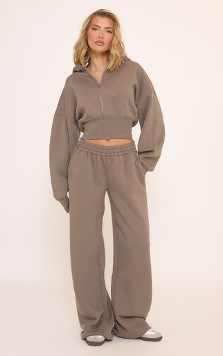 Long Balloon Sleeve Zip Up Front Cropped Hoodie In Grey