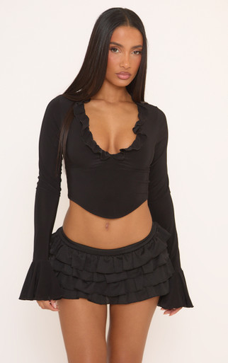 Long Sleeve V Neck Frill Detail Top In Black | EGO US | EGO