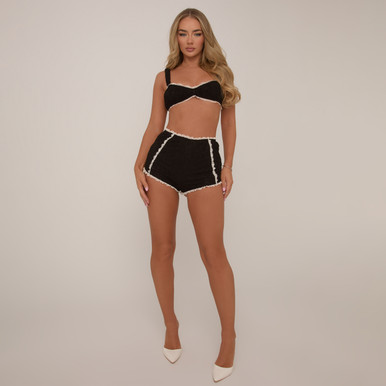 High Waist Contrast Detail Frilled Trim Shorts In Black Lace | EGO
