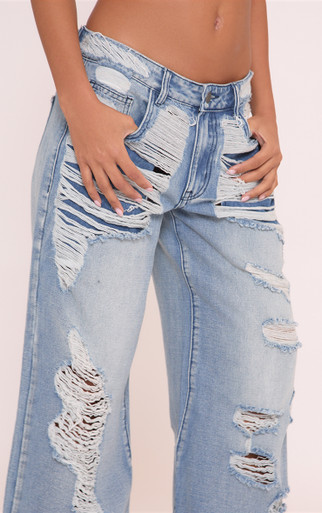 Low Rise Distressed Hem Detail Wide Leg Jeans In Blue Denim