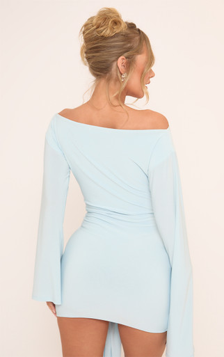 blue slinky strappy wrap bodycon mini dress Long Flared Sleeve Drape Detail Mini Bodycon Dress In Blue Slinky | EGO US