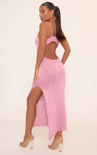 Plunge Neck Cut Out Front Ring Detail Maxi Dress In Pink