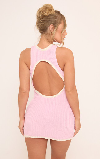 Racer Neck Open Back Detail Sleeveless Mini Dress In Pink Crochet