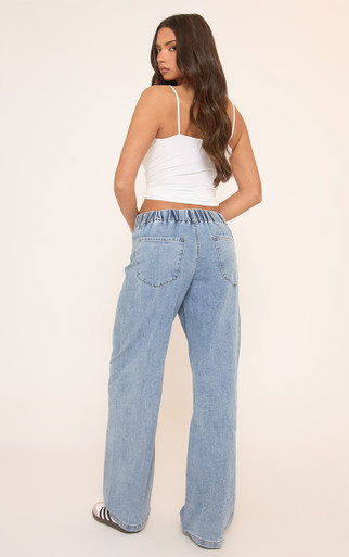 Mid Rise Tie Waist Detail Straight Leg Jeans In Blue Denim