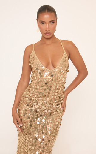 Plunge Neck Strappy Embellished Maxi Dress In Gold Disc Sequin | EGO US |  EGO