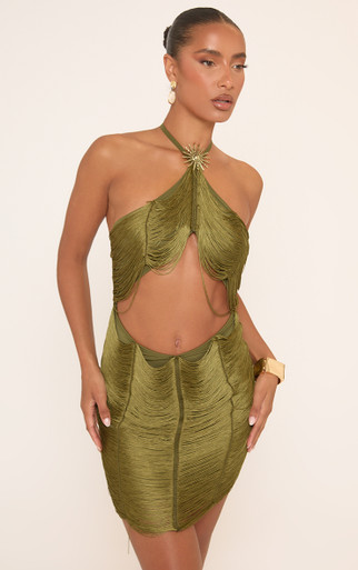 Halterneck Draped Tassel Detail Mini Dress In Green | EGO US | EGO